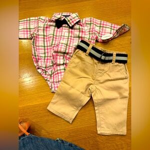 The Children's Place Pink Plaid Shirt and Tan Pants Set